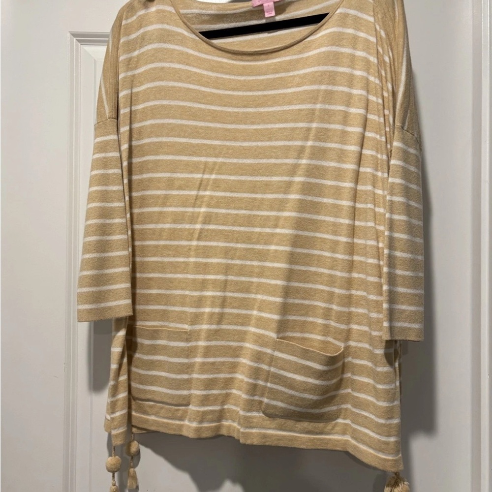 Lilly Pulitzer Elba Tunic Sweater Size Small Tan White Stripe Tassles Coastal